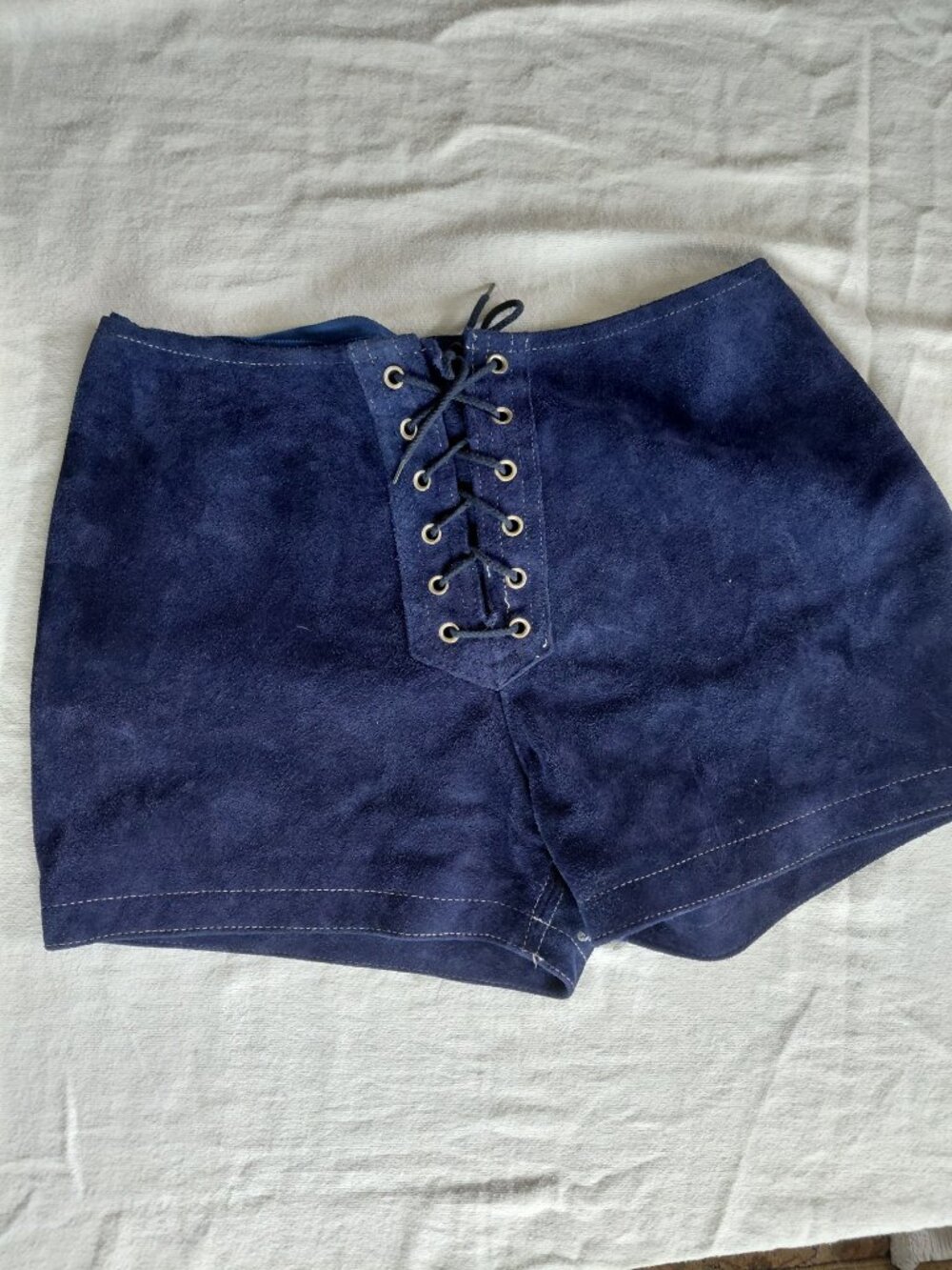 Vintage 60s 70s REAL Blue Suede Lace Up Hot Pants Grommet Shorts - Picture 4 of 12